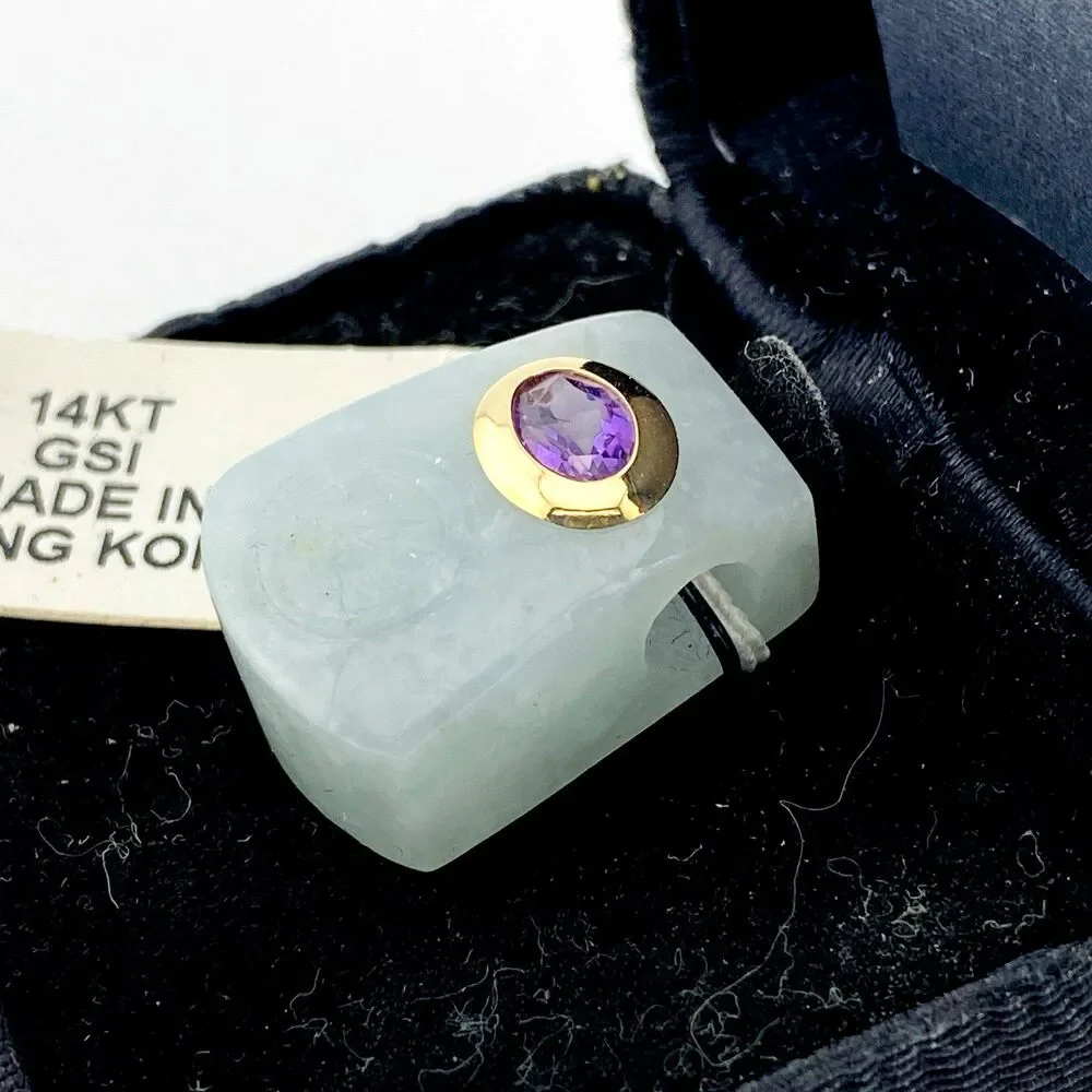 Hong Kong Jade Pendant 14k Gold w/ Amethyst NEW w/ Tag in Original Gift Box